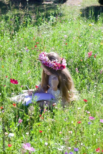 Girl, nine, summer, mirror, flowers, 