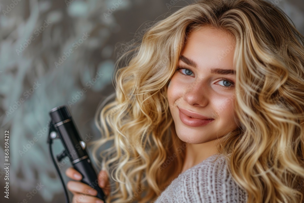 Woman with curly blonde hair using curling iron for perfect curls. Woman with curly blonde hair using curling iron for perfect curls.