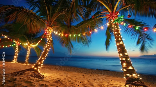 Beach Christmas background, tropical decorations, palm trees with lights, festive beach scene, [Christmas background], [beach holiday]