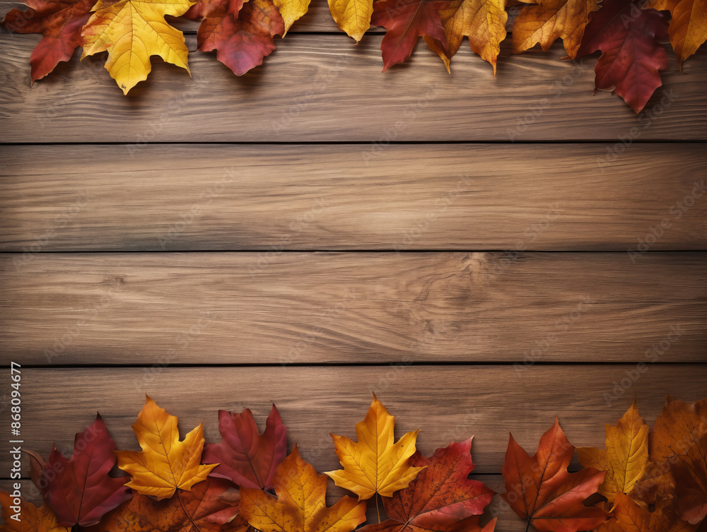 Autumn leaves and pine cones decorate wooden tabletop Autumn leaves and pine cones decorate wooden tabletop