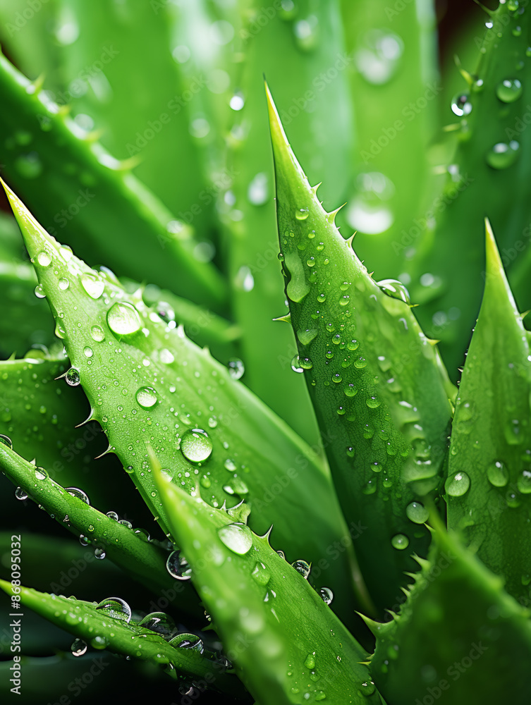 Vibrant aloe vera leaves with fresh water drops Vibrant aloe vera leaves with fresh water drops