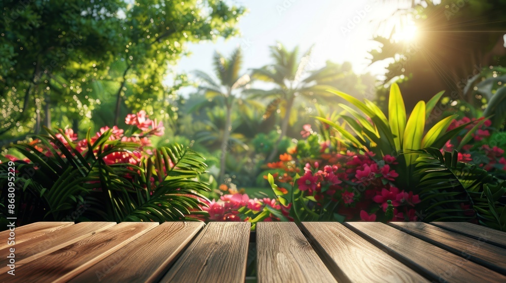 Obraz premium a wooden table colorful flower garden floor