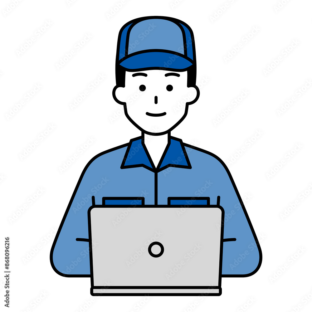 正面を向くノートパソコンで仕事をしているつなぎ作業服の男性