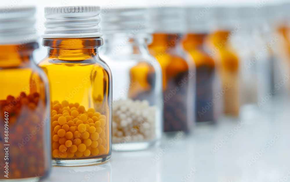 Close-up of small glass bottles filled with colorful granules, neatly lined up on a reflective surface, showcasing a lab or medical setting. Close-up of small glass bottles filled with colorful granules, neatly lined up on a reflective surface, showcasing a lab or medical setting.