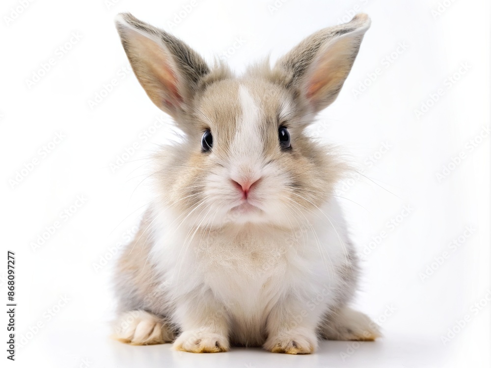 Cute and cuddly rabbit with fluffy white fur and bright brown eyes sits alone on a clean white background, looking adorable and innocent. Cute and cuddly rabbit with fluffy white fur and bright brown eyes sits alone on a clean white background, looking adorable and innocent.