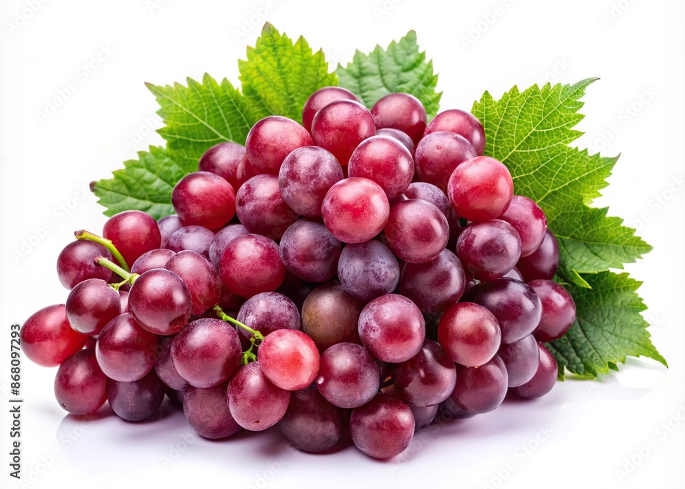 Freshly picked cluster of juicy red grapes with lush green leaves resting on a pristine white background, bursting with natural sweetness and flavor. Freshly picked cluster of juicy red grapes with lush green leaves resting on a pristine white background, bursting with natural sweetness and flavor.
