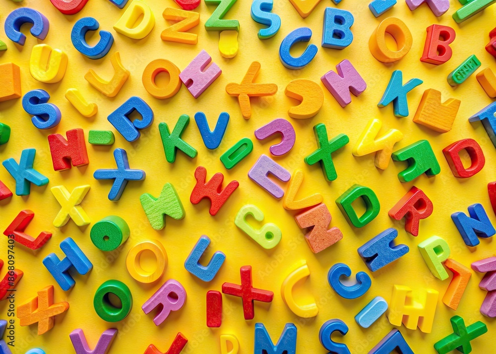 Fototapeta premium Vibrant colorful alphabet letters on a bright yellow background, creating a fun and engaging educational scene for preschool or kindergarten learning through play.