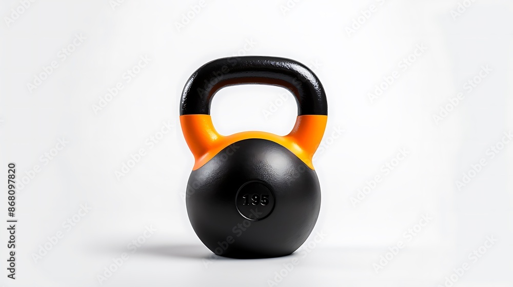 The image shows a single kettlebell with a black handle and an orange body. The kettlebell is set against a white background The image shows a single kettlebell with a black handle and an orange body. The kettlebell is set against a white background