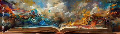 An open book with vibrant, abstract imagery bursting out.