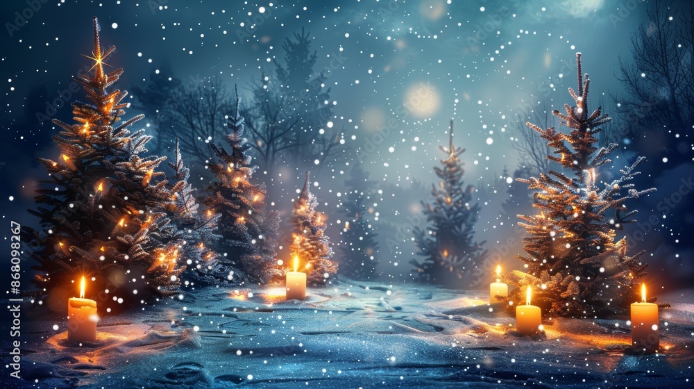 A magical winter wonderland scene with snow falling, glowing Christmas trees, and flickering candles. A magical winter wonderland scene with snow falling, glowing Christmas trees, and flickering candles.