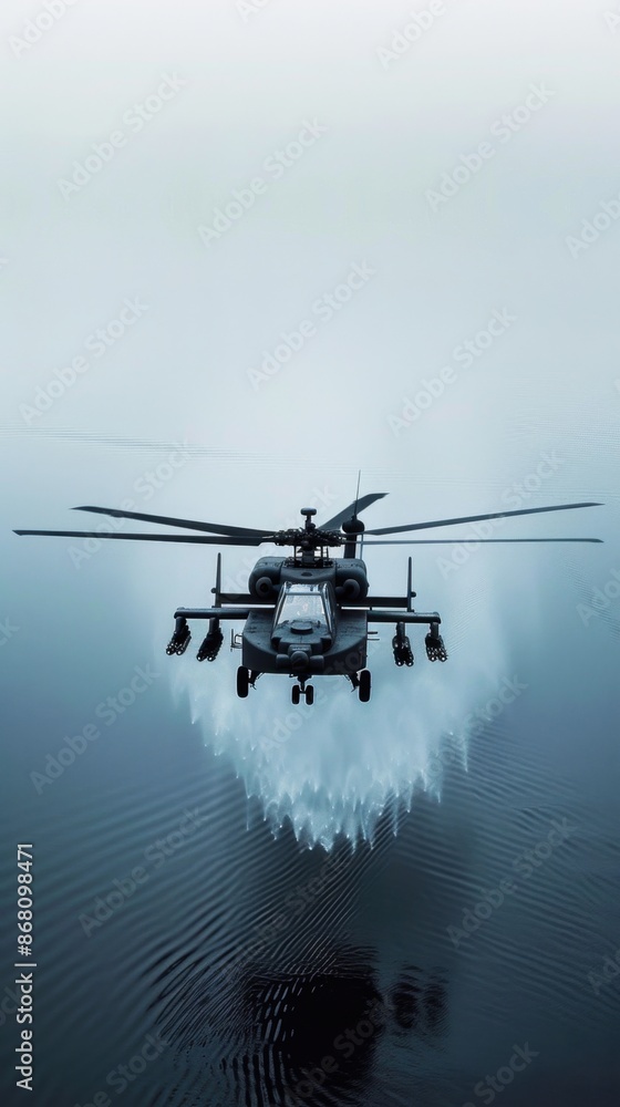 An Attack Helicopters AH-64 Apache hovering low over a calm ocean, dipping its sonar sensor into the water An Attack Helicopters AH-64 Apache hovering low over a calm ocean, dipping its sonar sensor into the water
