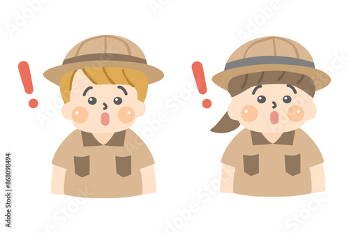 ビックリしている探検服を着た子供達
