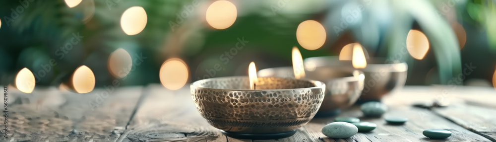 Tranquil scene with lit candles and smooth stones on rustic wooden surface, evoking a peaceful and serene atmosphere with bokeh lights in the background. Tranquil scene with lit candles and smooth stones on rustic wooden surface, evoking a peaceful and serene atmosphere with bokeh lights in the background.