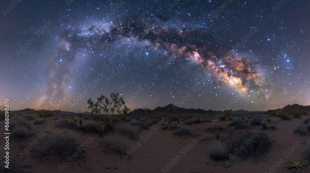 Fototapeta premium A mesmerizing view of the Milky Way arching over a desert landscape, with silhouetted trees and a starry sky.