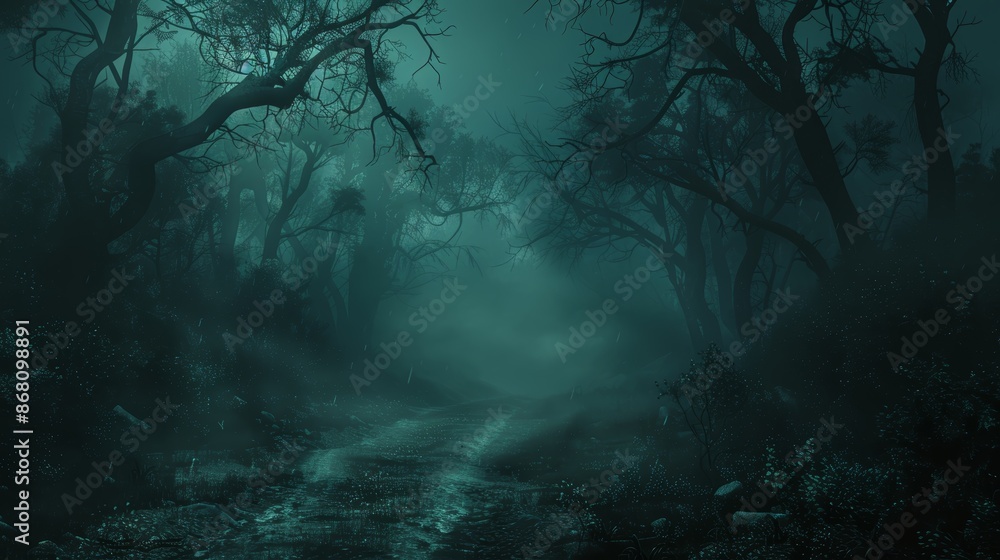 Obraz premium A mysterious and eerie path through a dense, fog-filled forest. The trees are shrouded in darkness, creating a sense of mystery and danger.