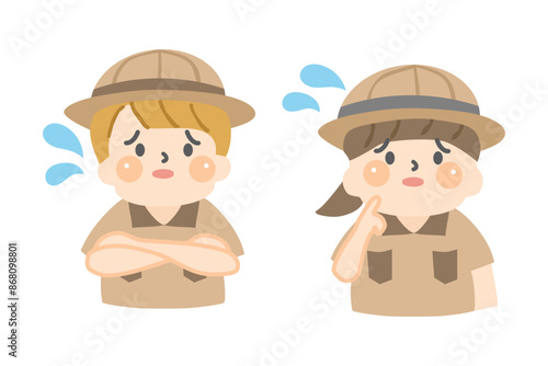 困っている表情の探検服を着た子供達