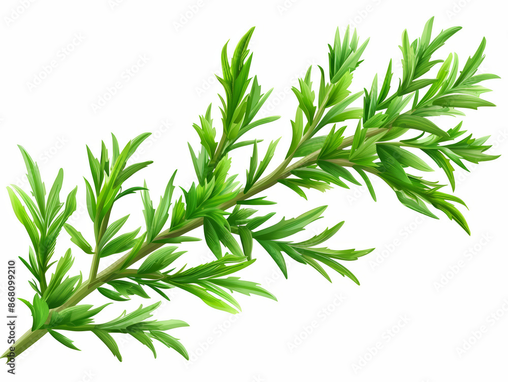 A sprig of fresh rosemary with lush green leaves isolated on a white background. A sprig of fresh rosemary with lush green leaves isolated on a white background.