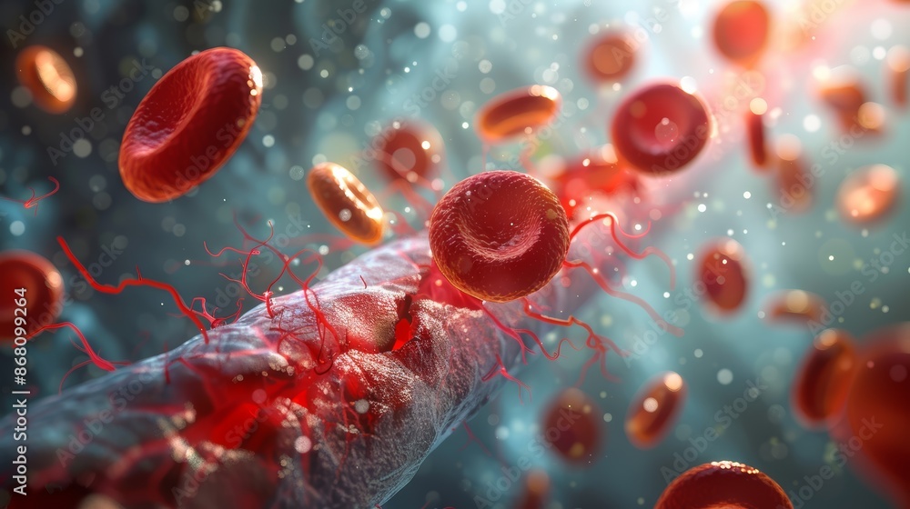 A microscopic view of red blood cells flowing through a blood vessel.