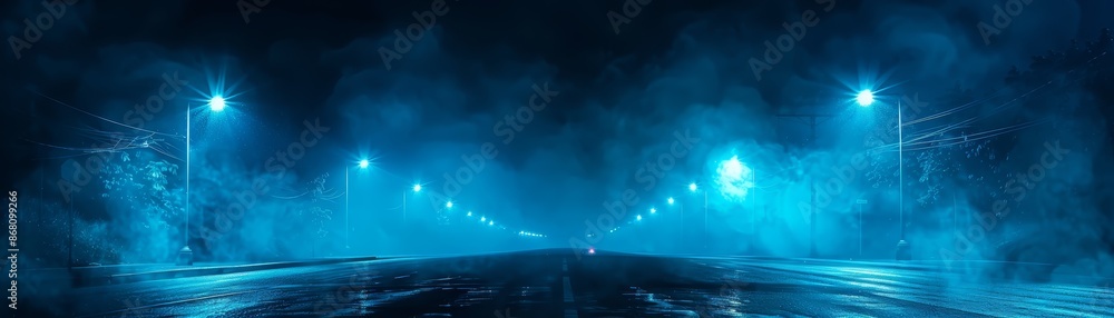 A dark, mysterious road with glowing blue streetlights and fog. A dark, mysterious road with glowing blue streetlights and fog.