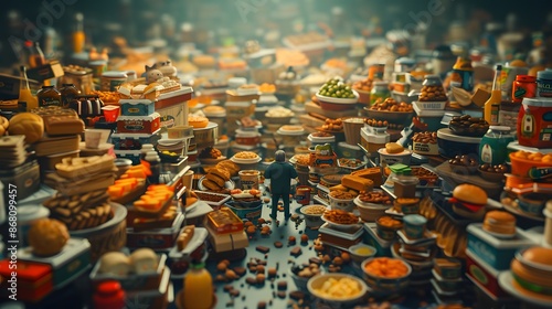 Up32K HD 3D render of a Pica syndrome man amidst a vast hoarded food collection, consuming peculiar items, providing a hyper-realistic depiction of the disorder's unique and challenging aspects.