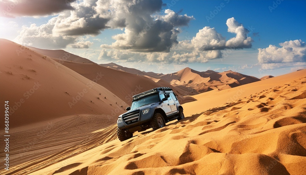 Obraz premium sandy mountain and sky cloud with offroad jeep