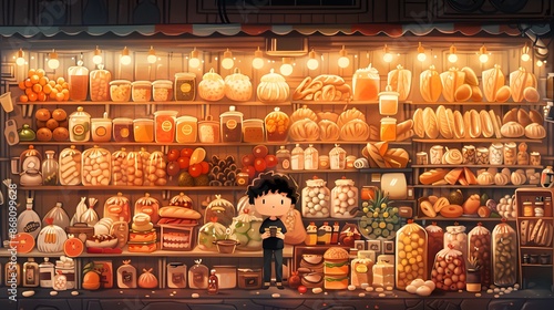 Cute chibi art of a man with Pica syndrome, surrounded by a huge hoard of food, consuming unusual items.