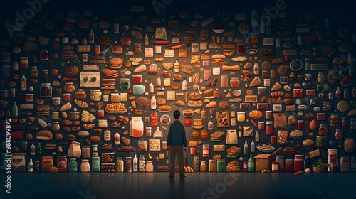 Detailed ultra HD comics depicting a Pica syndrome man amidst a cluttered hoard of food, consuming peculiar items, emphasizing the disorder's unusual behaviors and chaotic environment.