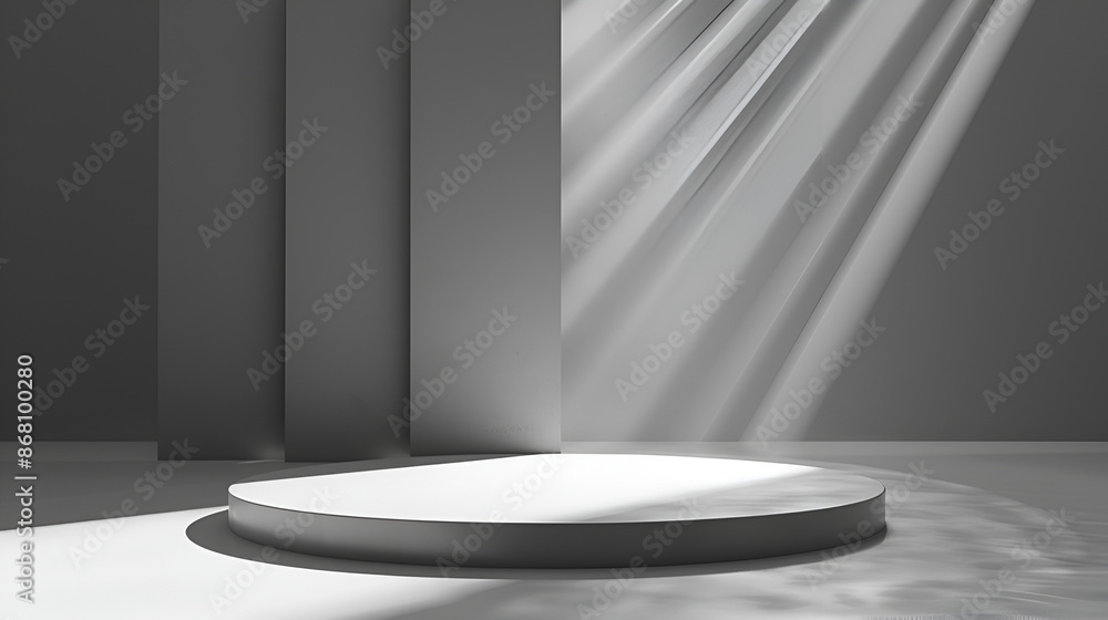 Modern white and gray geometric pedestal podium with green palm leaf, Platform in shadow, Abstract white and gray minimal wall scene, rendering 3d shape cosmetic product display presentation Modern white and gray geometric pedestal podium with green palm leaf, Platform in shadow, Abstract white and gray minimal wall scene, rendering 3d shape cosmetic product display presentation