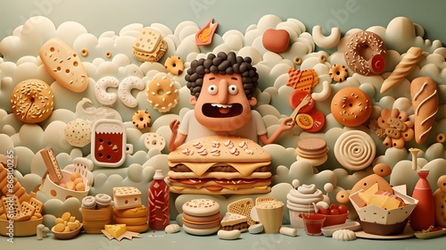 Hyper-realistic papercraft art of a man with Pica syndrome, eating food surrounded by an extensive hoard of food.