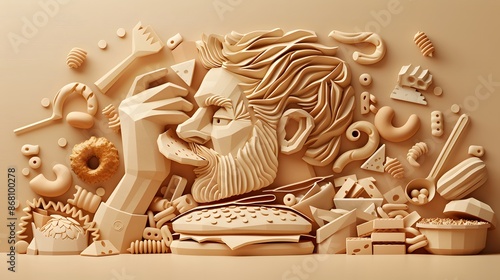Papercraft cut of a man with Pica syndrome eating food, surrounded by a hoard of food. Hyper-realistic illustrations.