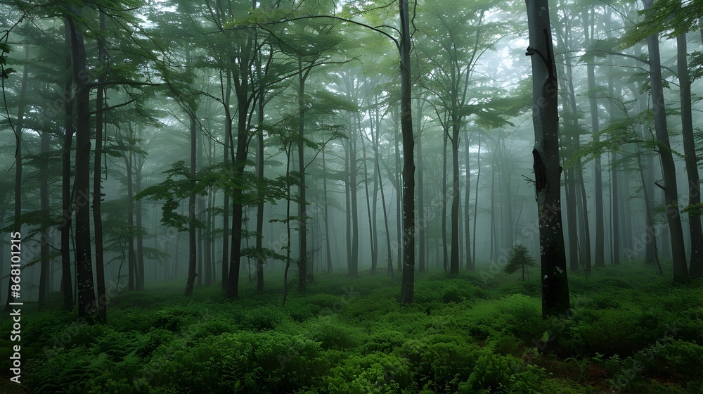Fototapeta premium Mystical Emerald Forest Shrouded in Misty Atmosphere
