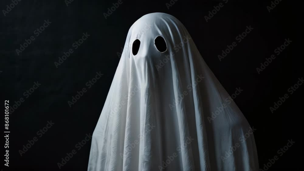 A classic ghost costume featuring a white sheet with cut-out eyes stands alone in a dark, shadowy room. Halloween concept A classic ghost costume featuring a white sheet with cut-out eyes stands alone in a dark, shadowy room. Halloween concept