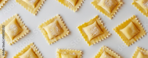 Square yellow ravioli on a white background in a symmetric pattern. Italian cuisine and food concept