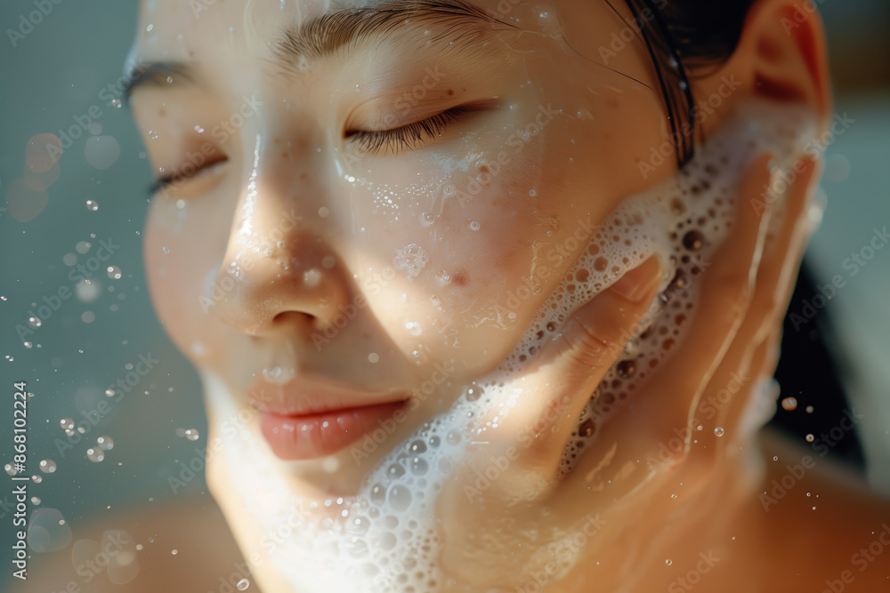 Gentle Skincare Routine: Korean Woman Washing Face with Algae Extract Bubble Cleanser Gentle Skincare Routine: Korean Woman Washing Face with Algae Extract Bubble Cleanser