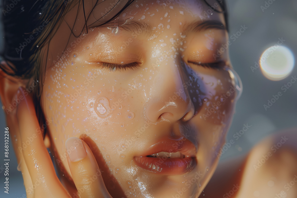 Obraz premium Close-Up Portrait of South Korean Woman Applying Acai Berry Extract, Morning Light