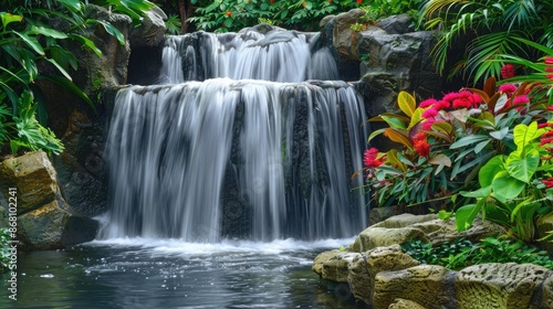 A serene waterfall in a tropical rainforest, with vibrant green foliage and colorful flowers