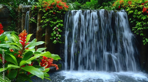 A serene waterfall in a tropical rainforest, with vibrant green foliage and colorful flowers
