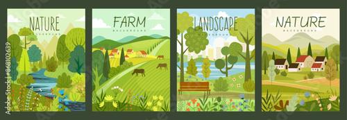 Tree forest. Spring park, summer farm watercolor poster. Village scenery with river, vacation on countryside. Sky, grass and sun, outdoor field landscape. Urban city street. Vector cartoon background