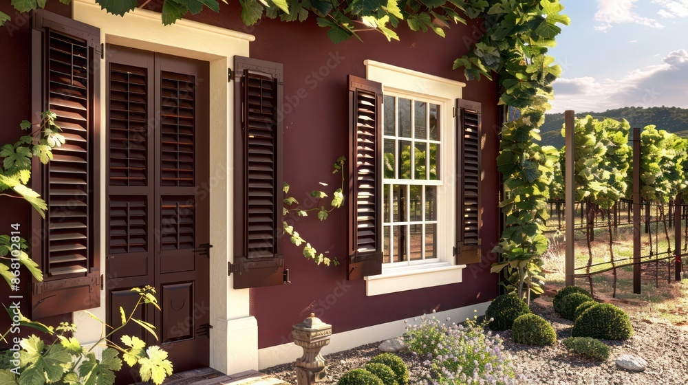 countryside estate with elegant Bahama shutters in a deep burgundy, surrounded by vineyards countryside estate with elegant Bahama shutters in a deep burgundy, surrounded by vineyards