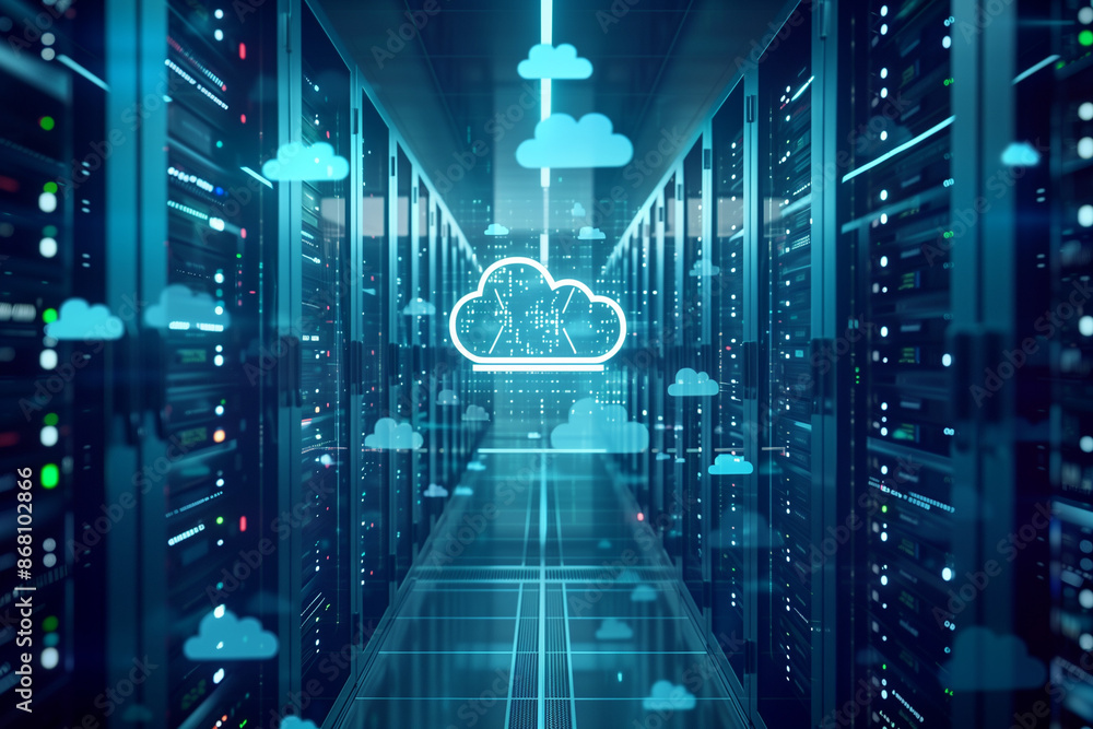 Obraz premium Chief Technologies Officer in a modern data warehouse. SaaS and cloud computing icons. Soft blue gradient background.