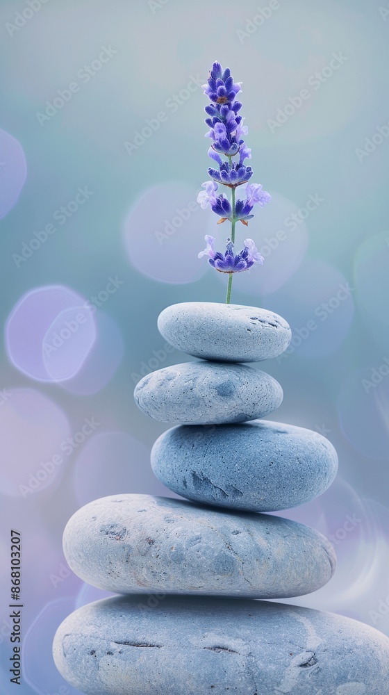 Stacked stones and lavender flower on a soft bokeh background, zen and relaxation concept