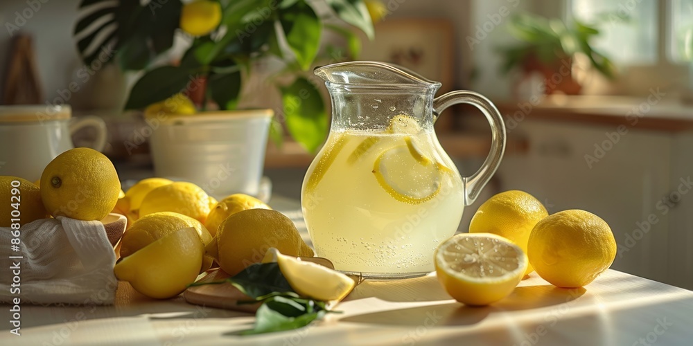 Refreshing Lemonade on a Sunny Kitchen Counter with Fresh Lemons Refreshing Lemonade on a Sunny Kitchen Counter with Fresh Lemons