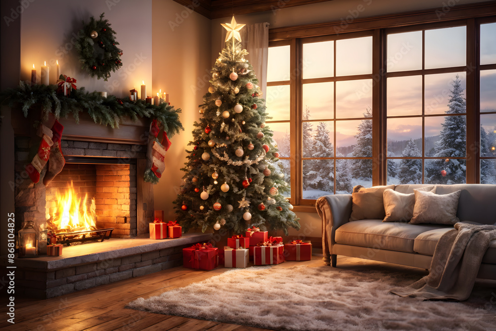 Cozy Holiday interior. A warm, festive scene featuring a decorated Christmas tree, lit fireplace, and gifts. Snowy landscape visible through large windows adds to the winter charm Cozy Holiday interior. A warm, festive scene featuring a decorated Christmas tree, lit fireplace, and gifts. Snowy landscape visible through large windows adds to the winter charm