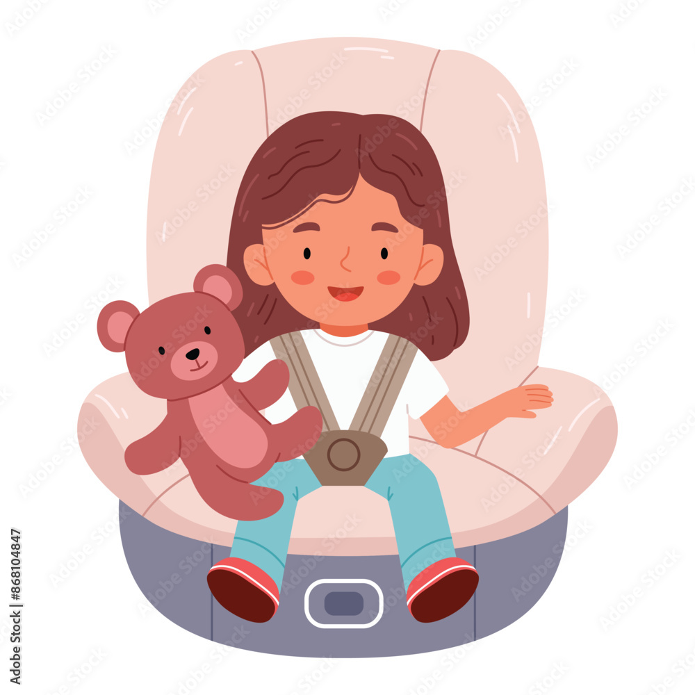 A girl in a car seat with a teddy bear.Child secured with safety belt in backseat. Girl in baby auto chair, toy in hand. Road travel security. A girl in a car seat with a teddy bear.Child secured with safety belt in backseat. Girl in baby auto chair, toy in hand. Road travel security.
