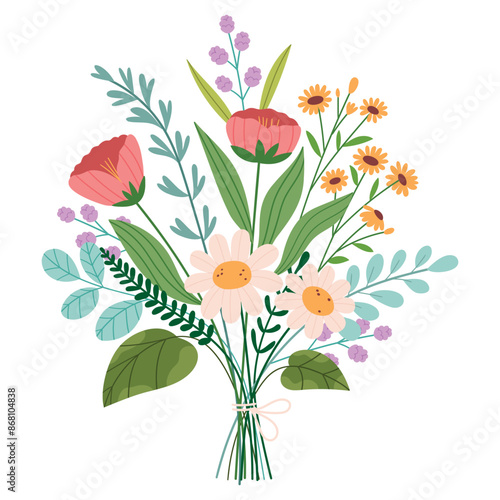 A bouquet of wild flowers.Floral arrangement with field blossoms, gentle beautiful blooms tied with string.Flat vector illustration isolated on white background