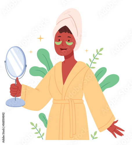 A dark-skinned girl with patches under her eyes.A dark-skinned girl with patches under her eyes.