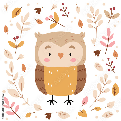 Cute owl in Scandinavian style in the middle of autumn leaves.Welcome autumn season. happy autumn background. fall season background.Poster, Banner, Flyer, Greeting Card