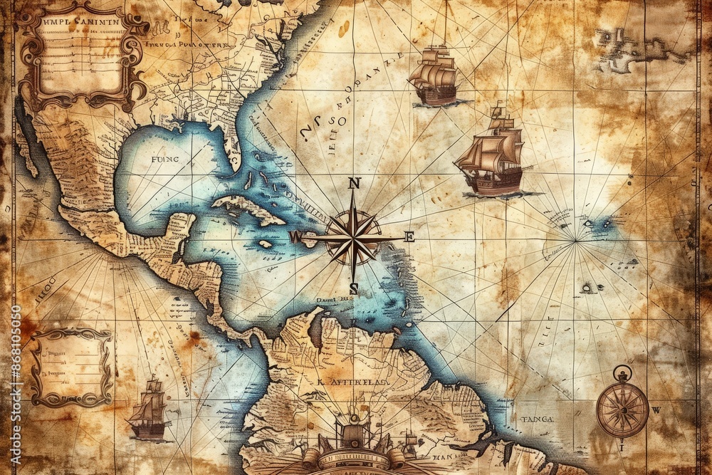 Antique old map of the caribbean sea islands and compass with vintage ...