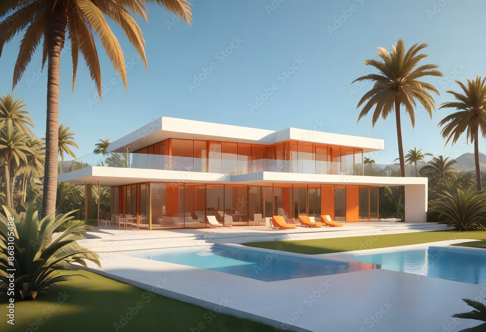 Fototapeta premium A modern, minimalist house with a flat roof, large windows, and palm trees in the background on a blue background