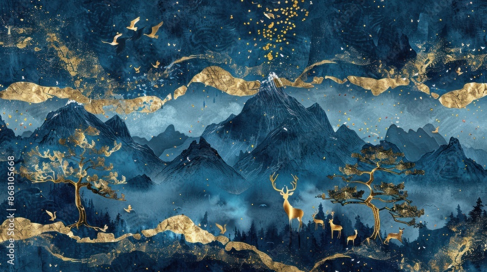 Fototapeta premium Luxurious wallpaper with contemporary designs Blue decorated with dark gold.